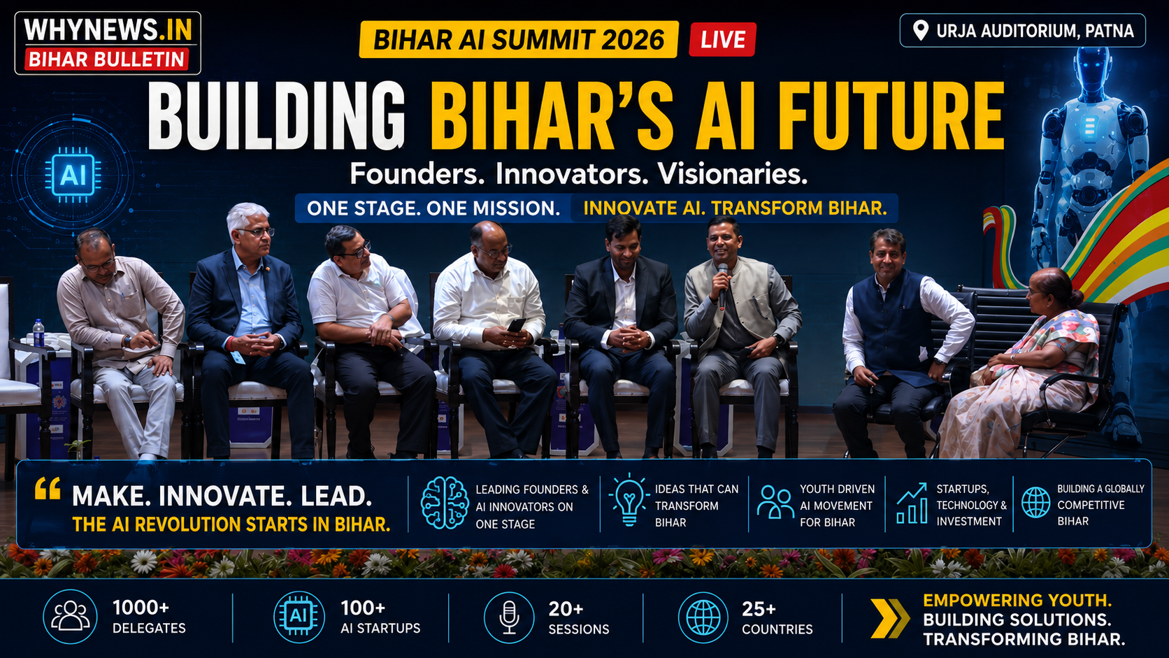 Bihar AI Summit 2026 at Urja Auditorium Patna featuring AI startups, smart city vision, healthcare AI innovation, robotics, Samrat Choudhary vision for Bihar, Bihar startup ecosystem, artificial intelligence conference in Bihar, Medihertz Frequencies, AI future of Bihar, AI in healthcare, Bihar smart city integration, Patna AI event ground report, Indian AI summit, Bihar technology transformation, AI and innovation in Bihar, startup culture in Patna, future of AI in India, Bihar digital transformation, AI governance and startups in Bihar.