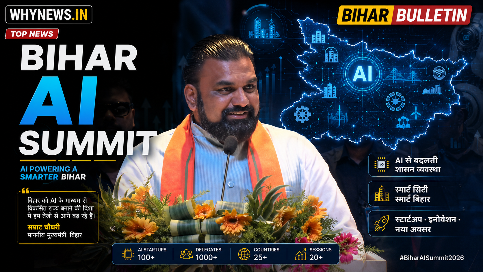 Bihar AI Summit 2026 at Urja Auditorium Patna featuring AI startups, smart city vision, healthcare AI innovation, robotics, Samrat Choudhary vision for Bihar, Bihar startup ecosystem, artificial intelligence conference in Bihar, Medihertz Frequencies, AI future of Bihar, AI in healthcare, Bihar smart city integration, Patna AI event ground report, Indian AI summit, Bihar technology transformation, AI and innovation in Bihar, startup culture in Patna, future of AI in India, Bihar digital transformation, AI governance and startups in Bihar.
