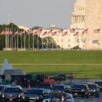 Trump drives across Lincoln Memorial Reflecting Pool to inspect new blue coating he's putting on it