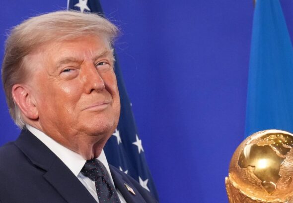 Trump celebrates the World Cup as a US victory as he prepares to present trophy to the winning team